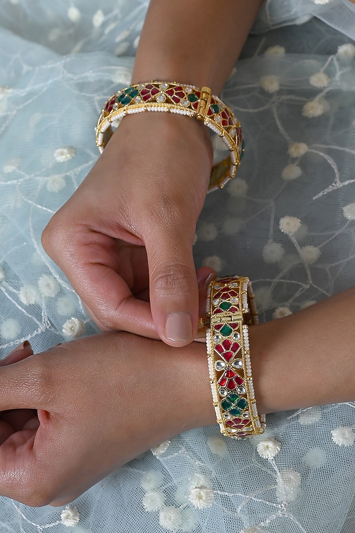 Gold Plated Multi-Colored Jadau Kundan Polki Bangles (Set Of 2) by Shlok Jewels at Pernia's Pop Up Shop