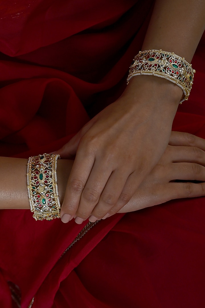 Gold Plated Multi-Colored Jadau Kundan Polki Bangles (Set Of 2) by Shlok Jewels at Pernia's Pop Up Shop