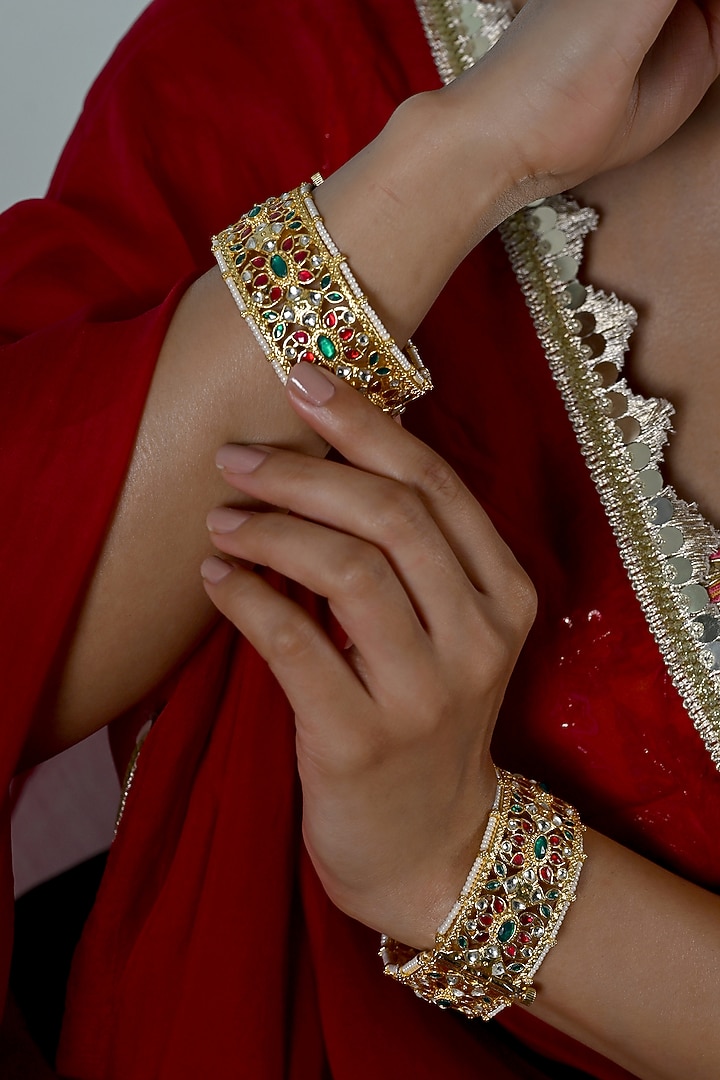 Gold Plated Multi-Colored Jadau Kundan Polki Bangles (Set Of 2) by Shlok Jewels at Pernia's Pop Up Shop
