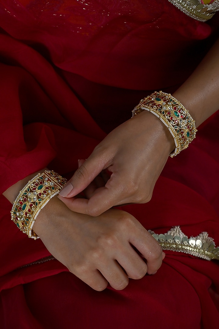 Gold Plated Multi-Colored Jadau Kundan Polki Bangles (Set Of 2) by Shlok Jewels at Pernia's Pop Up Shop