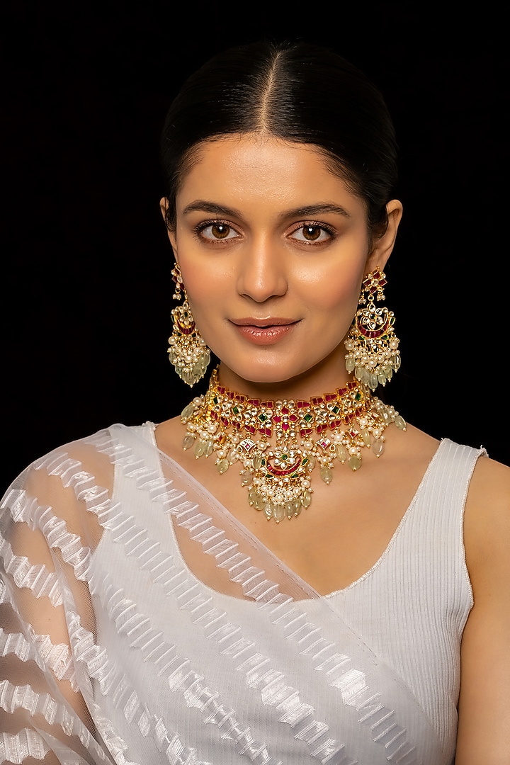Gold Plated Kundan Polki & Semi-Precious Stone Necklace Set by Shlok Jewels at Pernia's Pop Up Shop
