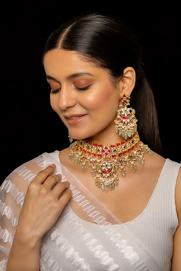Gold Plated Kundan Polki & Semi-Precious Stone Necklace Set by Shlok Jewels at Pernia's Pop Up Shop