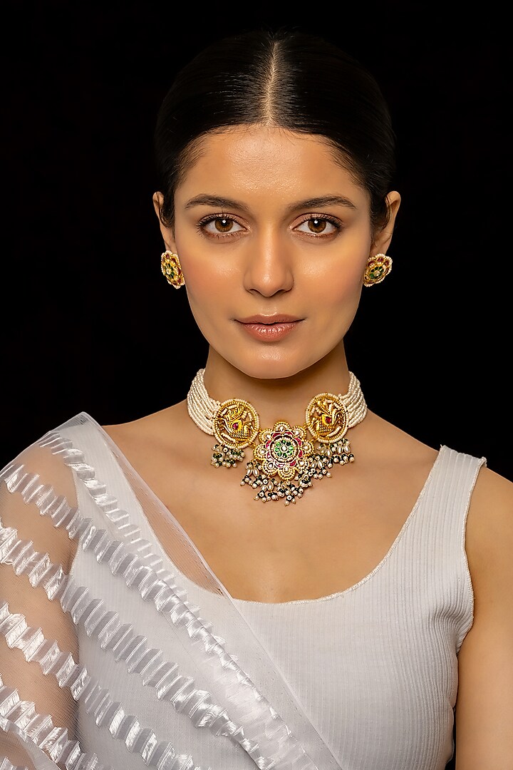Gold Plated Kundan Polki & Semi-Precious Stone Choker Necklace Set by Shlok Jewels at Pernia's Pop Up Shop