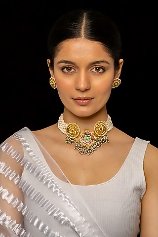 Gold Plated Kundan Polki & Semi-Precious Stone Choker Necklace Set by Shlok Jewels