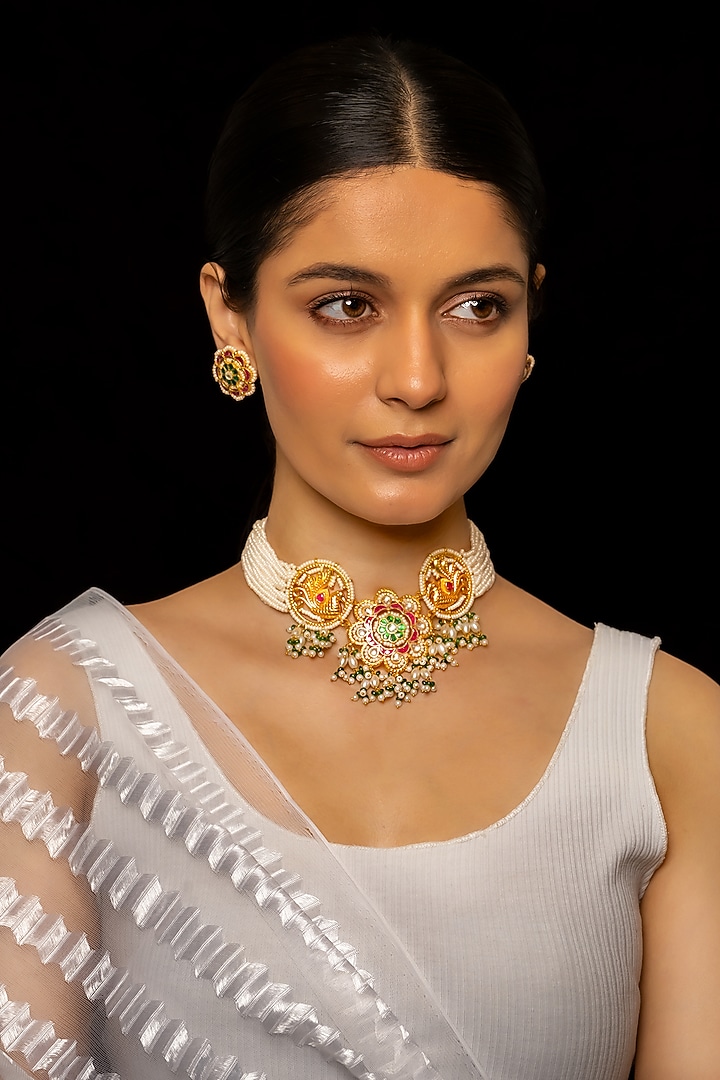 Gold Plated Kundan Polki & Semi-Precious Stone Choker Necklace Set by Shlok Jewels at Pernia's Pop Up Shop