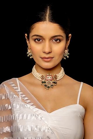 Gold Plated Kundan Polki & Semi-Precious Stone Choker Necklace Set by Shlok Jewels