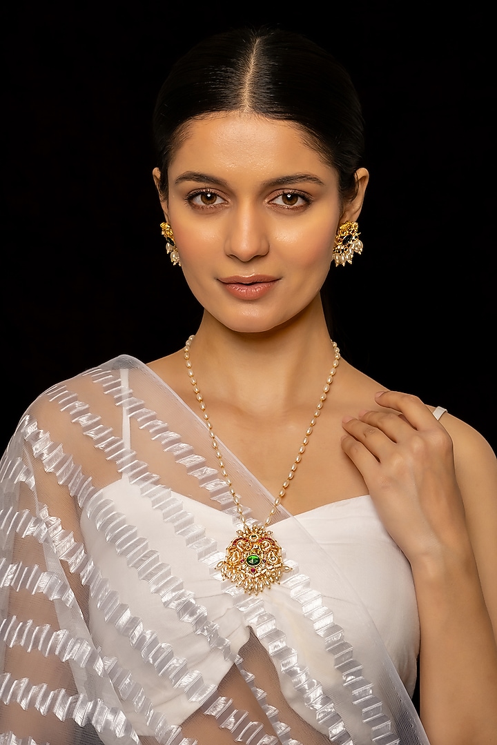Gold Plated Kundan Polki & Semi-Precious Stone Pendant Necklace Set by Shlok Jewels at Pernia's Pop Up Shop