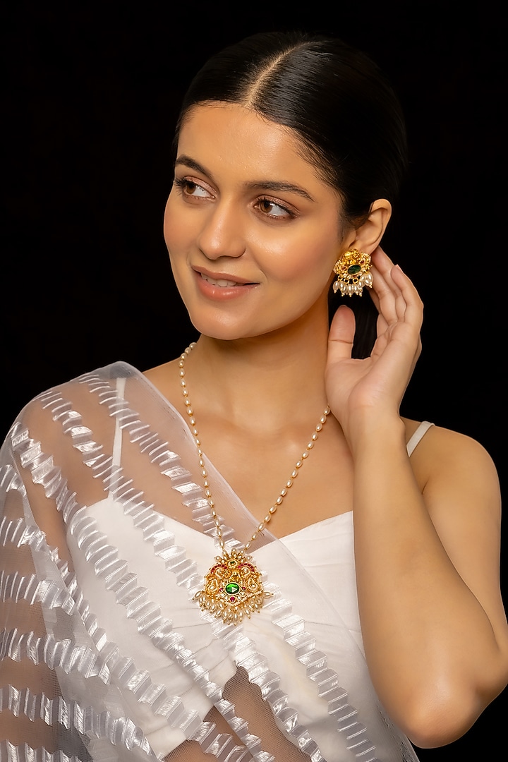 Gold Plated Kundan Polki & Semi-Precious Stone Pendant Necklace Set by Shlok Jewels at Pernia's Pop Up Shop