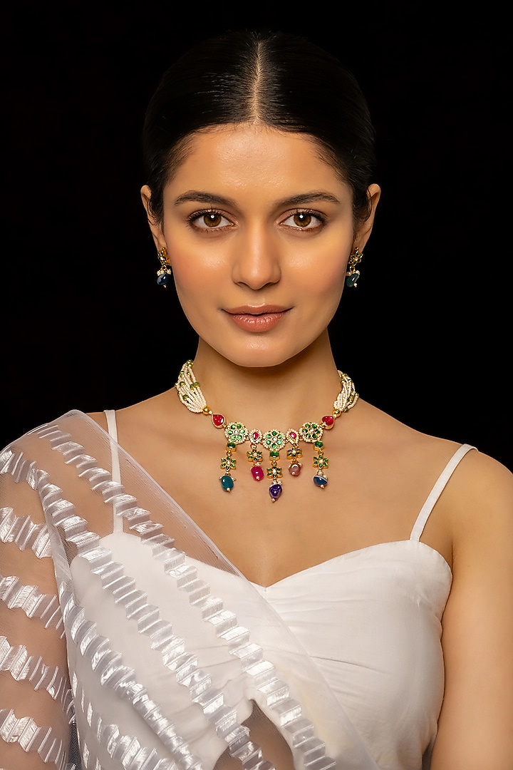 Gold Plated Kundan Polki & Semi-Precious Stone Choker Necklace Set by Shlok Jewels at Pernia's Pop Up Shop