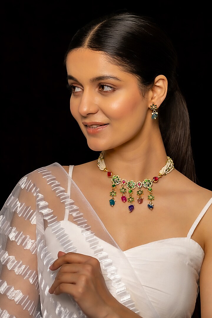 Gold Plated Kundan Polki & Semi-Precious Stone Choker Necklace Set by Shlok Jewels at Pernia's Pop Up Shop
