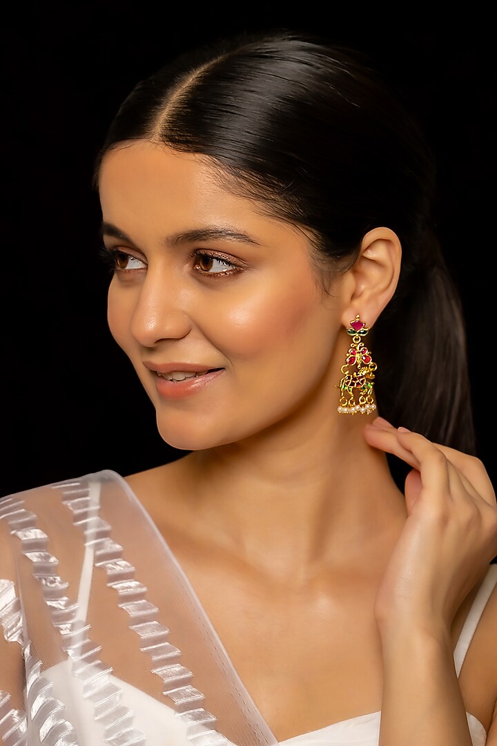 Gold Plated Kundan Polki & Semi-Precious Stone Dangler Earrings by Shlok Jewels at Pernia's Pop Up Shop