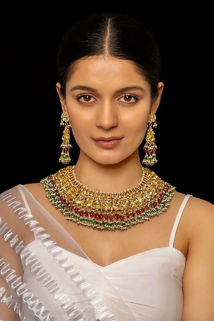 Gold Plated Kundan Polki & Semi-Precious Stone Necklace Set by Shlok Jewels at Pernia's Pop Up Shop