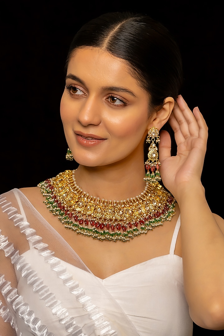 Gold Plated Kundan Polki & Semi-Precious Stone Necklace Set by Shlok Jewels at Pernia's Pop Up Shop