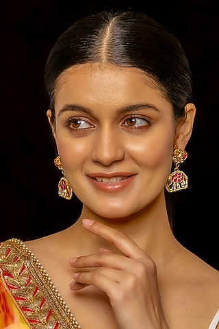 Gold Plated Kundan Polki & Semi-Precious Stone Dangler Earrings by Shlok Jewels