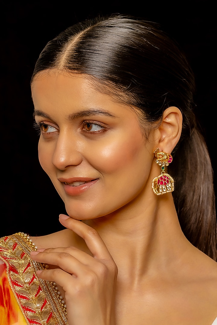 Gold Plated Kundan Polki & Semi-Precious Stone Dangler Earrings by Shlok Jewels at Pernia's Pop Up Shop
