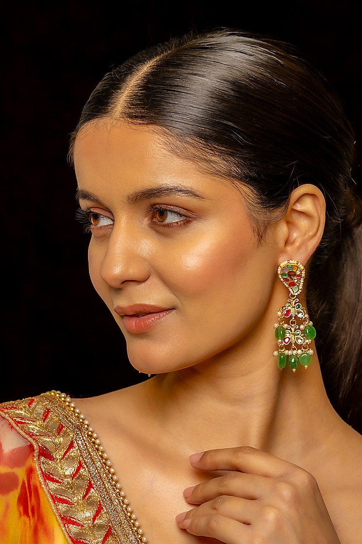 Gold Plated Kundan Polki & Semi-Precious Stone Dangler Earrings by Shlok Jewels at Pernia's Pop Up Shop