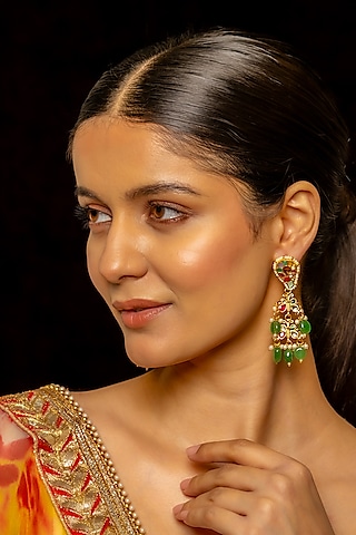 Gold Plated Kundan Polki & Semi-Precious Stone Dangler Earrings by Shlok Jewels