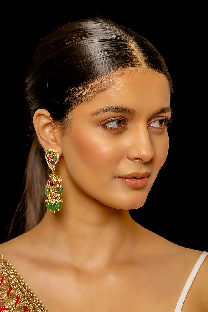 Gold Plated Kundan Polki & Semi-Precious Stone Dangler Earrings by Shlok Jewels at Pernia's Pop Up Shop