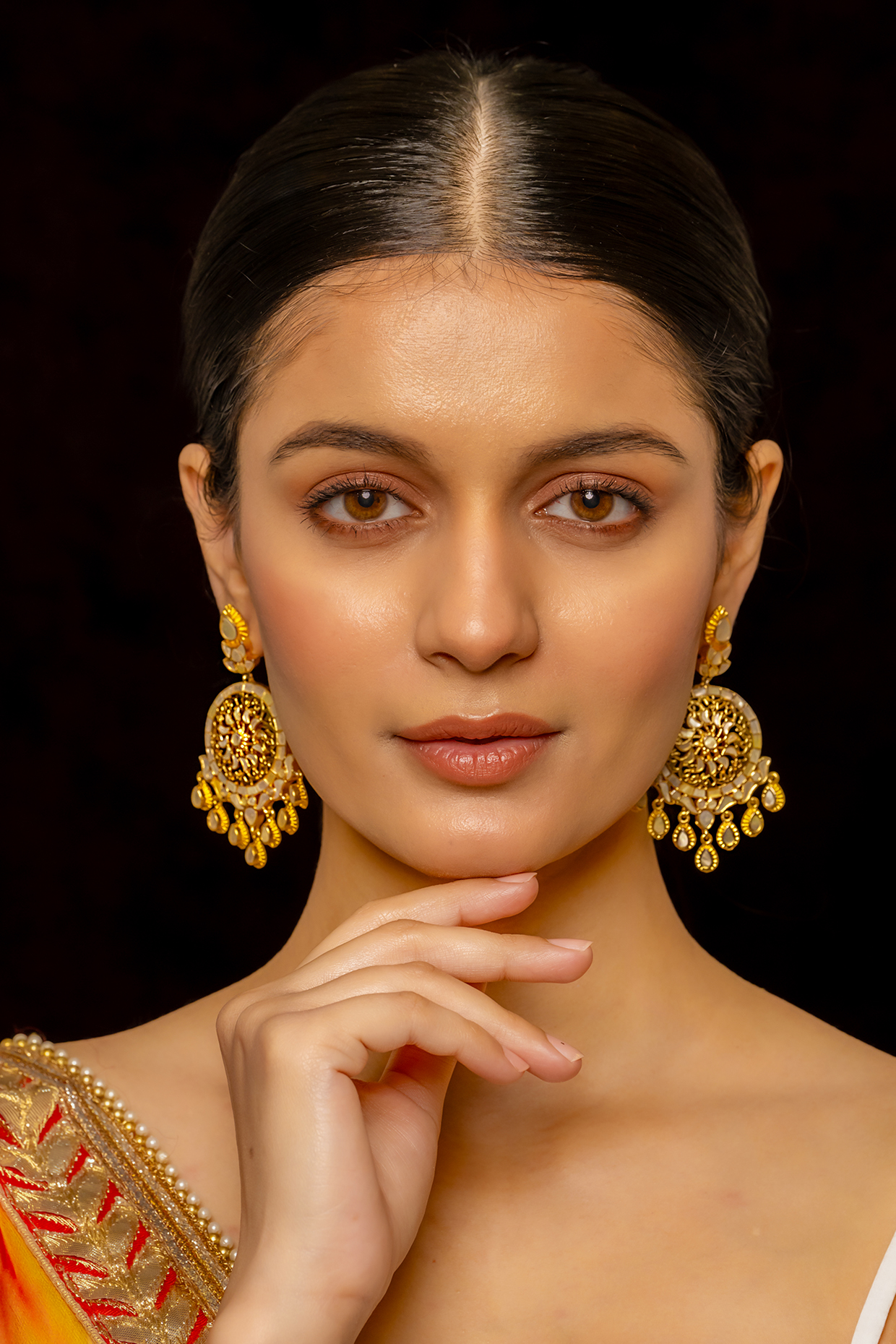 Gold Plated Kundan Polki & Semi-Precious Stone Chandbaali Earrings by Shlok Jewels at Pernia's Pop Up Shop
