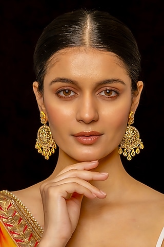 Gold Plated Kundan Polki & Semi-Precious Stone Chandbaali Earrings by Shlok Jewels