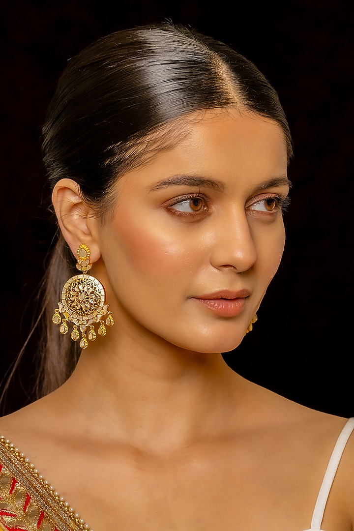Gold Plated Kundan Polki & Semi-Precious Stone Chandbaali Earrings by Shlok Jewels at Pernia's Pop Up Shop