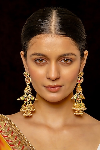 Gold Plated Kundan Polki & Semi-Precious Stone Dangler Earrings by Shlok Jewels