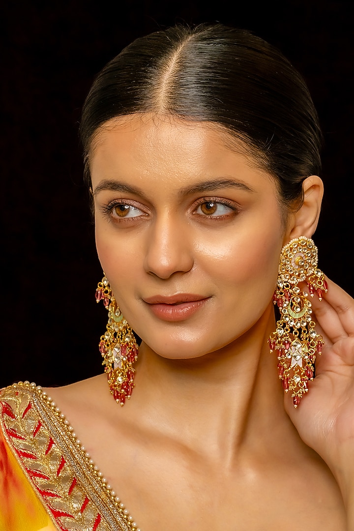Gold Plated Kundan Polki & Semi-Precious Stone Dangler Earrings by Shlok Jewels at Pernia's Pop Up Shop
