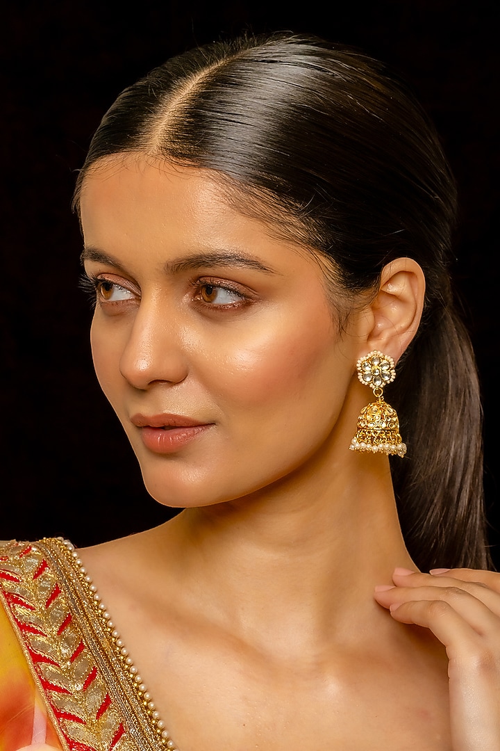 Gold Plated Kundan Polki & Semi-Precious Stone Jhumka Earrings by Shlok Jewels at Pernia's Pop Up Shop