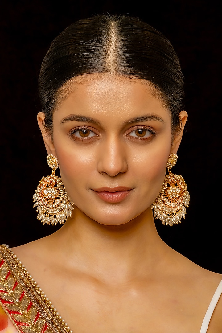 Gold Plated Kundan Polki & Semi-Precious Stone Chandbaali Earrings by Shlok Jewels at Pernia's Pop Up Shop