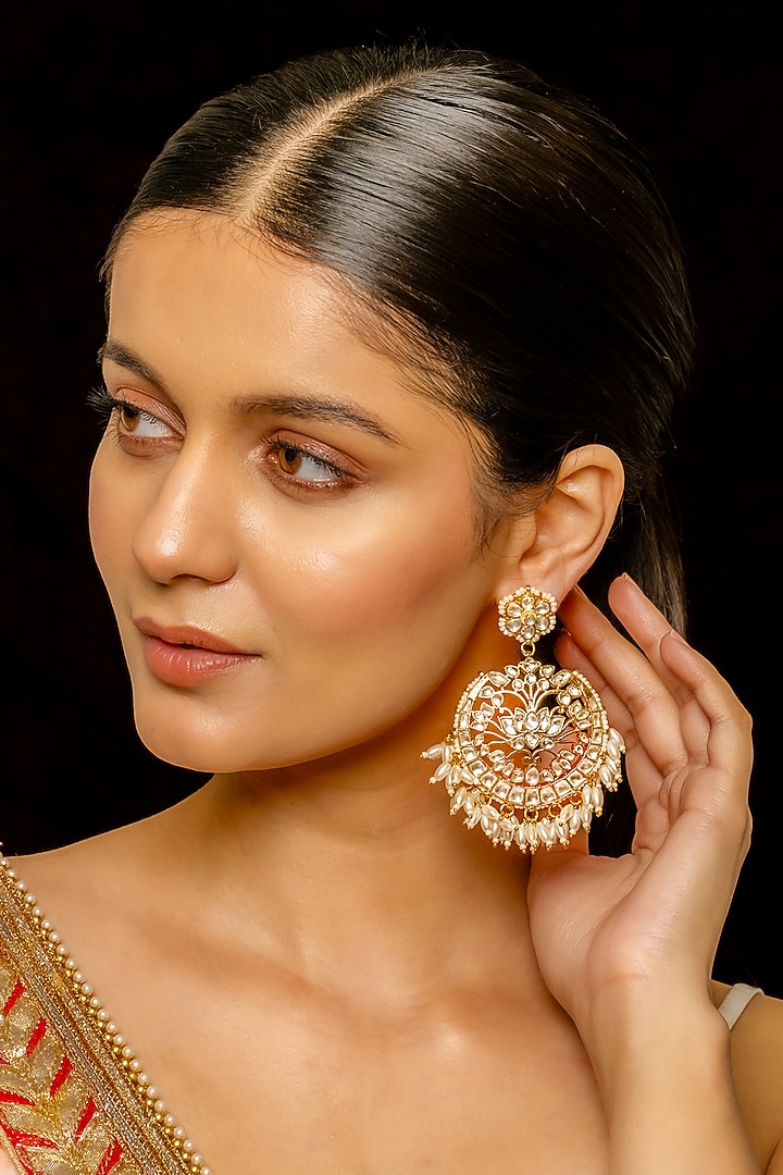 Gold Plated Kundan Polki & Semi-Precious Stone Chandbaali Earrings by Shlok Jewels at Pernia's Pop Up Shop