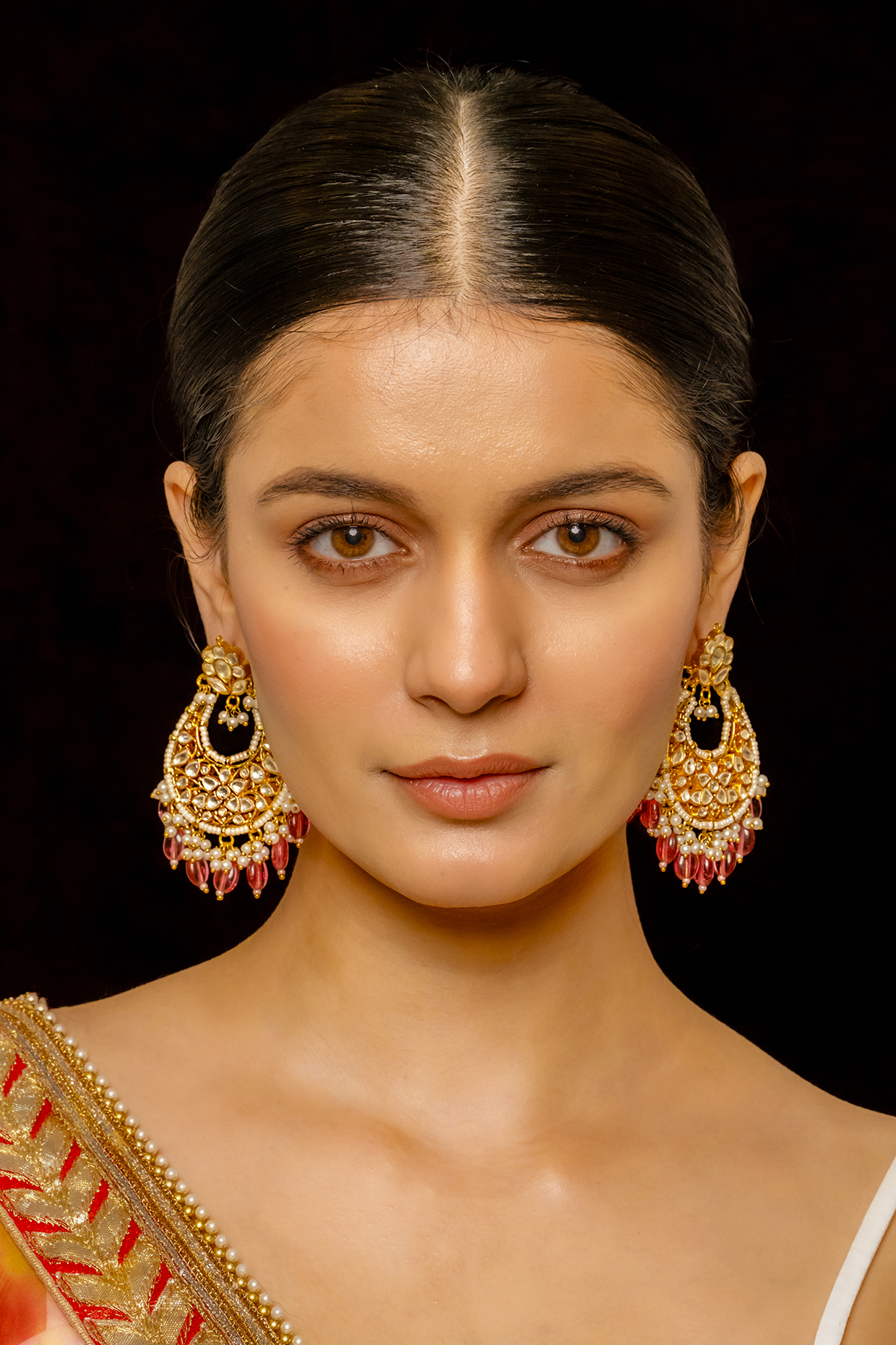 Gold Plated Kundan Polki & Semi-Precious Stone Chandbaali Earrings by Shlok Jewels at Pernia's Pop Up Shop