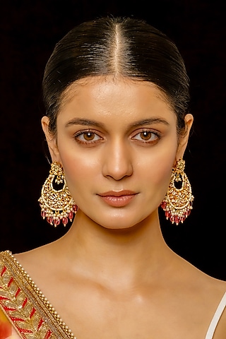 Gold Plated Kundan Polki & Semi-Precious Stone Chandbaali Earrings by Shlok Jewels