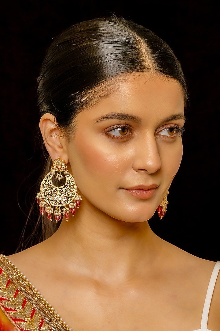 Gold Plated Kundan Polki & Semi-Precious Stone Chandbaali Earrings by Shlok Jewels at Pernia's Pop Up Shop