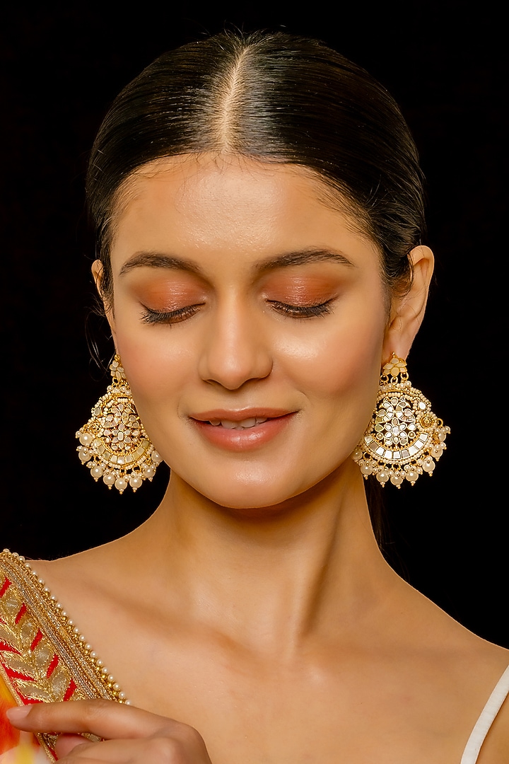 Gold Plated Kundan Polki & Semi-Precious Stone Chandbaali Earrings by Shlok Jewels at Pernia's Pop Up Shop