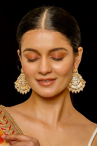 Gold Plated Kundan Polki & Semi-Precious Stone Chandbaali Earrings by Shlok Jewels