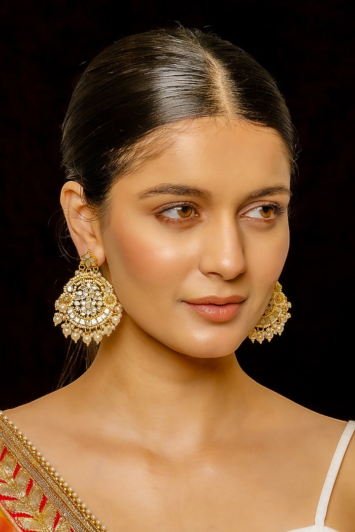 Gold Plated Kundan Polki & Semi-Precious Stone Chandbaali Earrings by Shlok Jewels at Pernia's Pop Up Shop