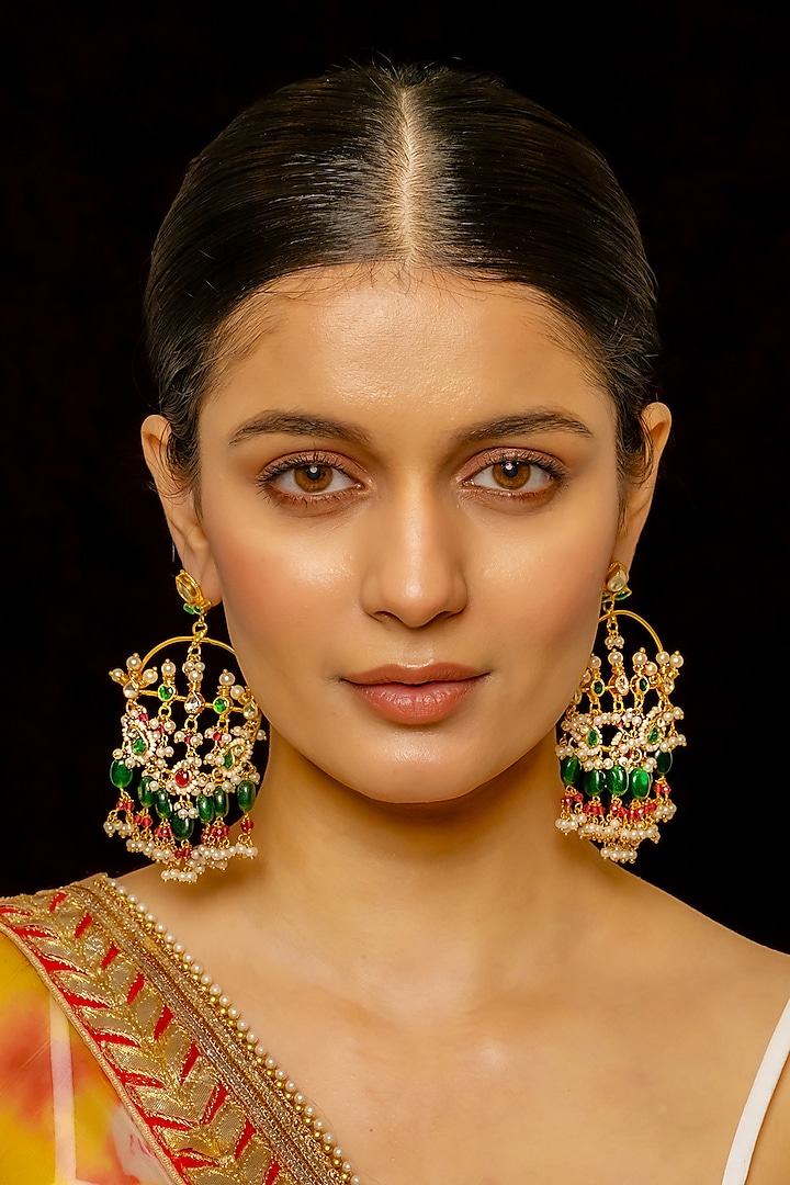 Gold Plated Kundan Polki & Semi-Precious Stone Chandbaali Earrings by Shlok Jewels at Pernia's Pop Up Shop