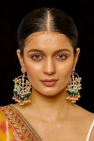 Gold Plated Kundan Polki & Semi-Precious Stone Chandbaali Earrings by Shlok Jewels