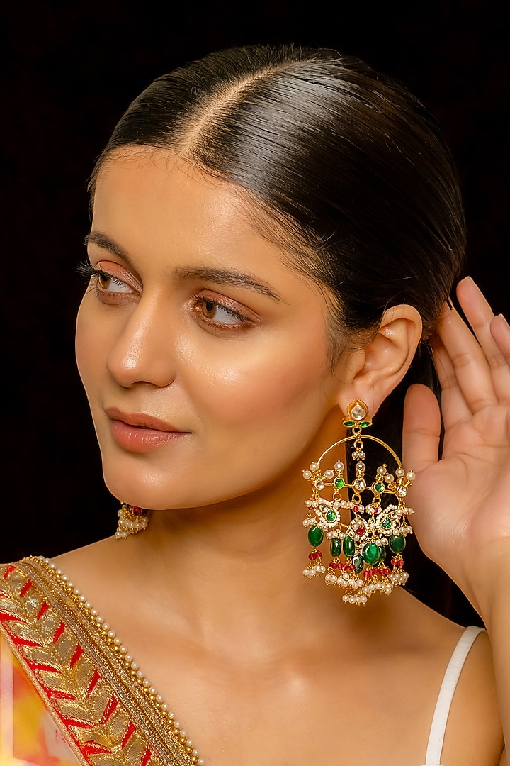 Gold Plated Kundan Polki & Semi-Precious Stone Chandbaali Earrings by Shlok Jewels at Pernia's Pop Up Shop