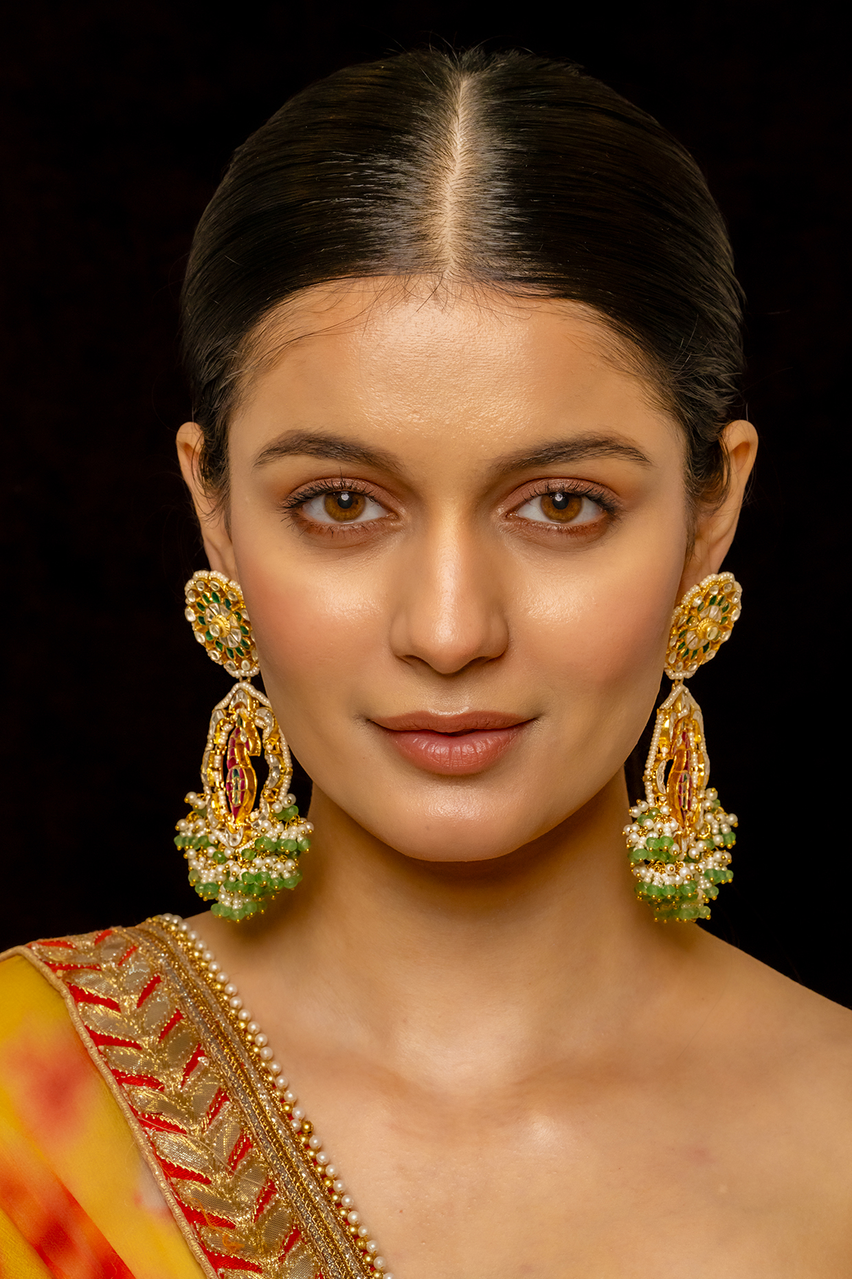 Gold Plated Kundan Polki & Semi-Precious Stone Chandbaali Earrings by Shlok Jewels at Pernia's Pop Up Shop