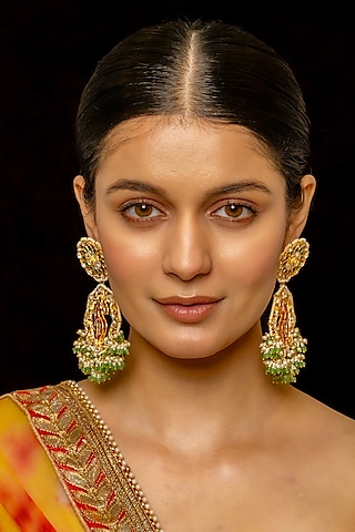 Gold Plated Kundan Polki & Semi-Precious Stone Chandbaali Earrings by Shlok Jewels