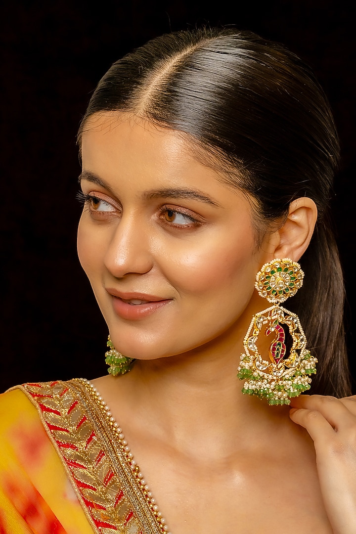 Gold Plated Kundan Polki & Semi-Precious Stone Chandbaali Earrings by Shlok Jewels at Pernia's Pop Up Shop