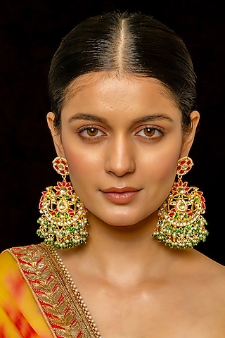 Gold Plated Kundan Polki & Semi-Precious Stone Chandbaali Earrings by Shlok Jewels