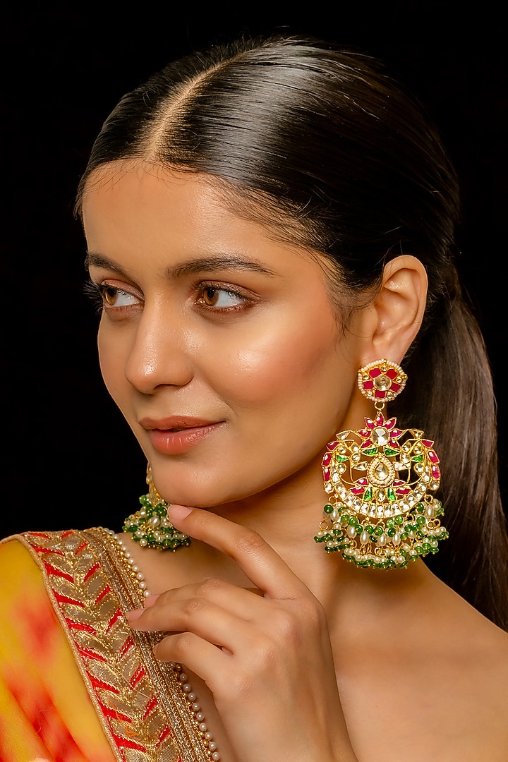 Gold Plated Kundan Polki & Semi-Precious Stone Chandbaali Earrings by Shlok Jewels at Pernia's Pop Up Shop