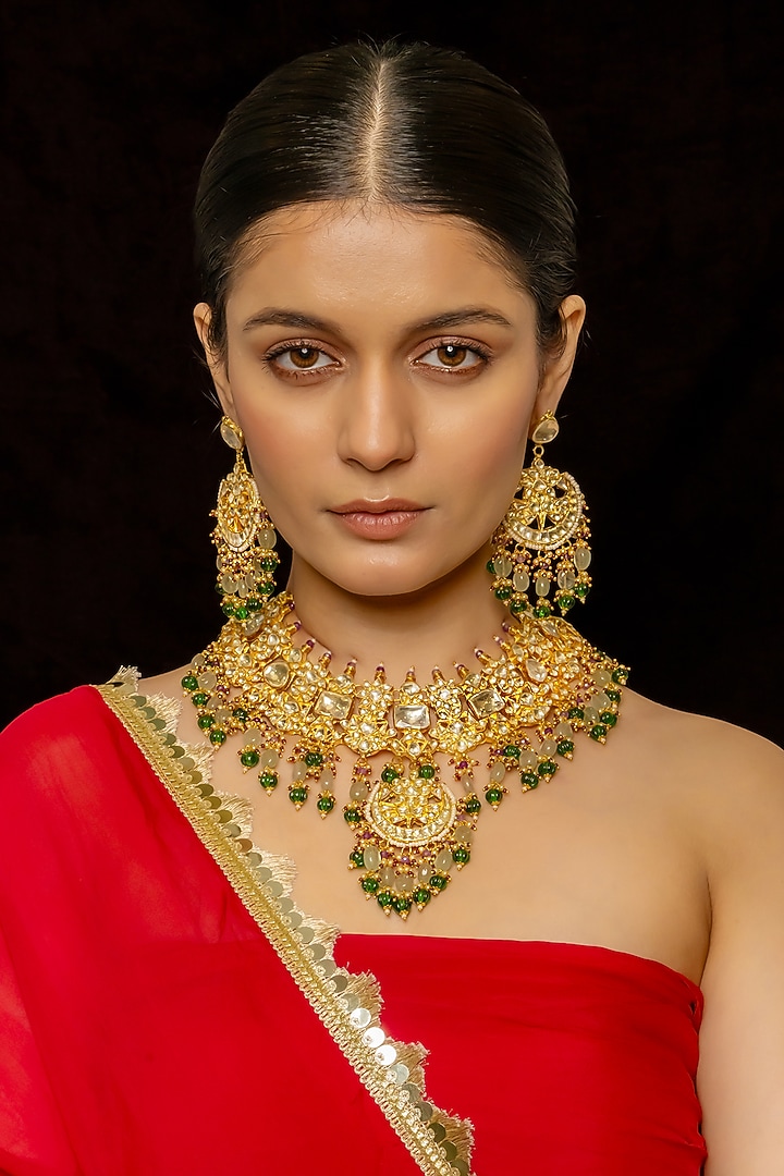 Gold Plated Kundan Polki & Semi-Precious Stone Necklace Set by Shlok Jewels at Pernia's Pop Up Shop