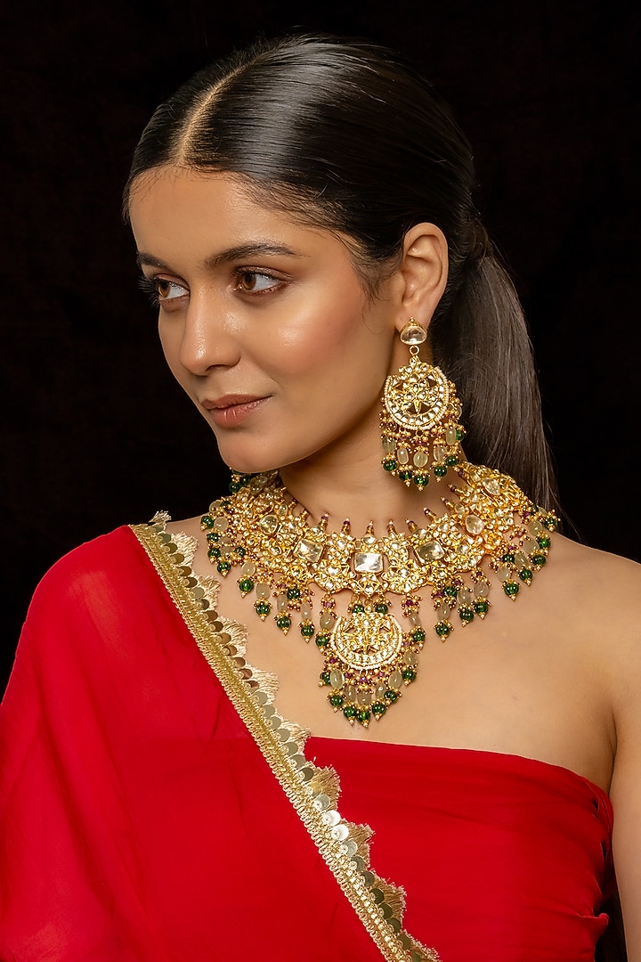 Gold Plated Kundan Polki & Semi-Precious Stone Necklace Set by Shlok Jewels at Pernia's Pop Up Shop