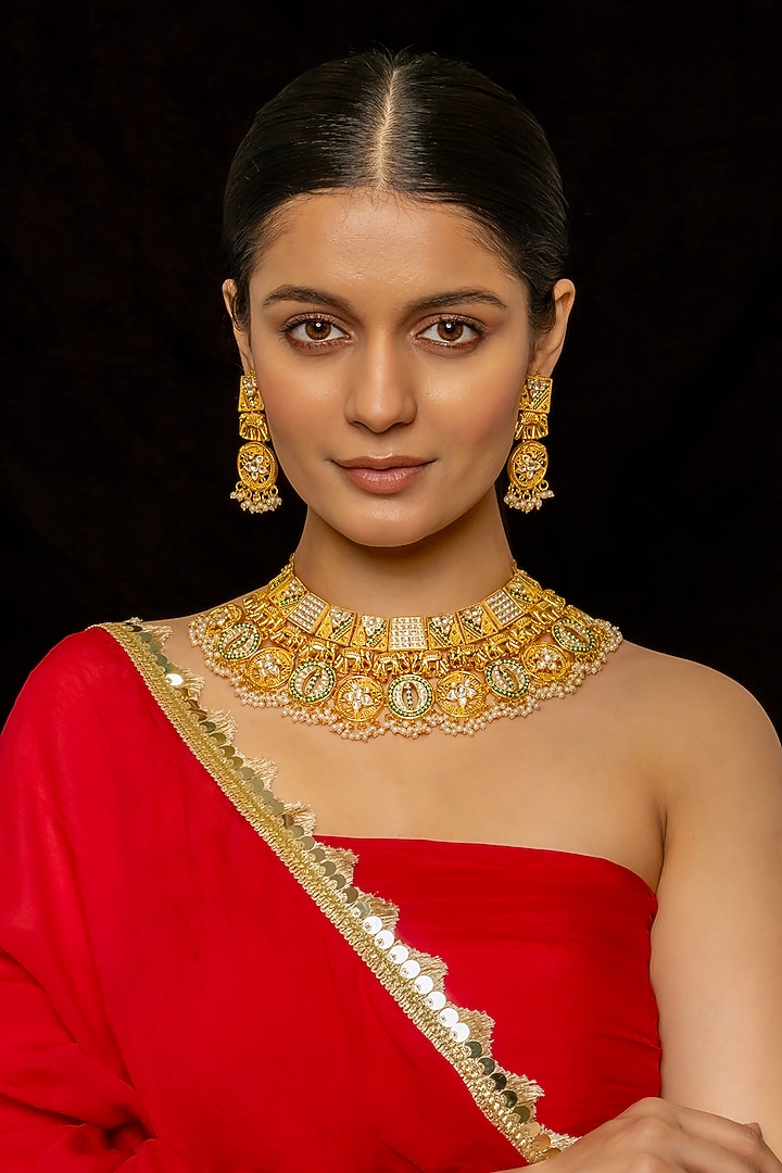 Gold Plated Kundan Polki & Semi-Precious Stone Necklace Set by Shlok Jewels at Pernia's Pop Up Shop