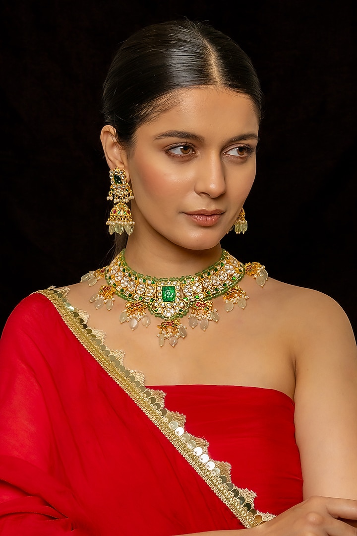 Gold Plated Kundan Polki & Semi-Precious Stone Necklace Set by Shlok Jewels at Pernia's Pop Up Shop