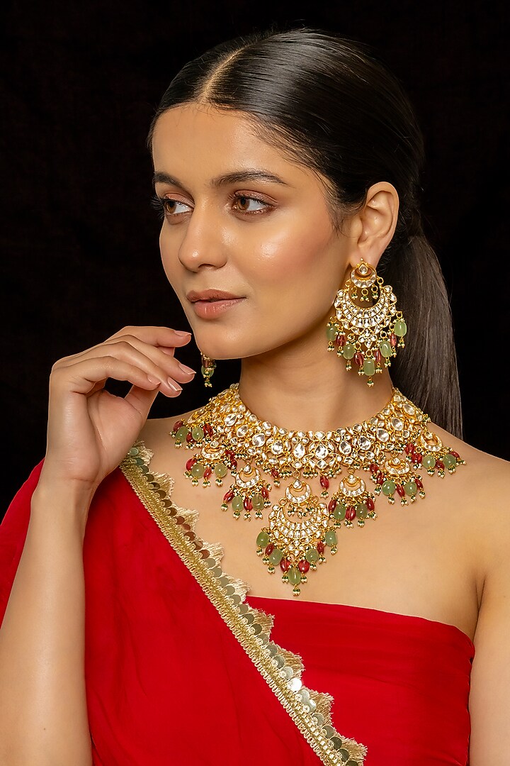 Gold Plated Kundan Polki & Semi-Precious Stone Necklace Set by Shlok Jewels at Pernia's Pop Up Shop