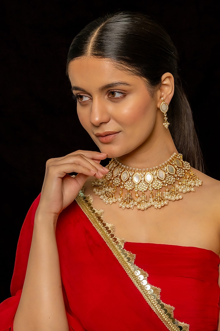 Gold Plated Kundan Polki & Semi-Precious Stone Necklace Set by Shlok Jewels at Pernia's Pop Up Shop